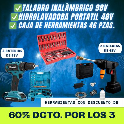 PACK PROFESIONAL TALADRO INALAMBRICO 98V➕HIDROLAVADORA 48V➕SET HERRAMIENTAS 46PZAS.🔧🧰✨