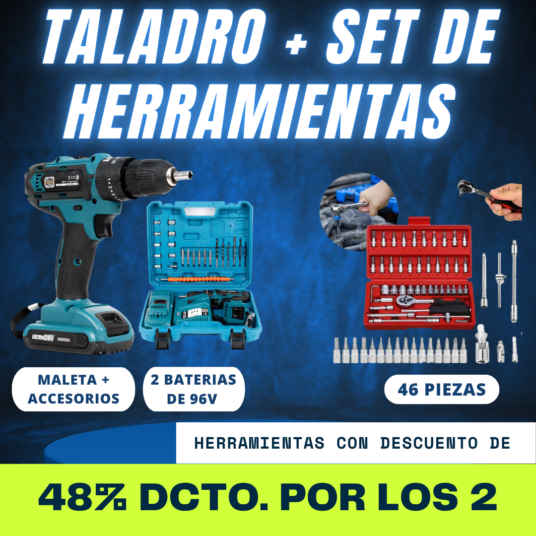 PACK DE TALADRO DE DOS BATERIAS DE 96V Y KIT DE HERRAMIENTAS DE 42 PIEZAS