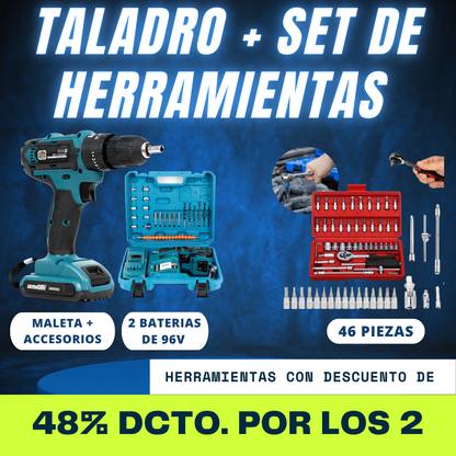 PACK DE TALADRO DE DOS BATERIAS DE 96V Y KIT DE HERRAMIENTAS DE 42 PIEZAS