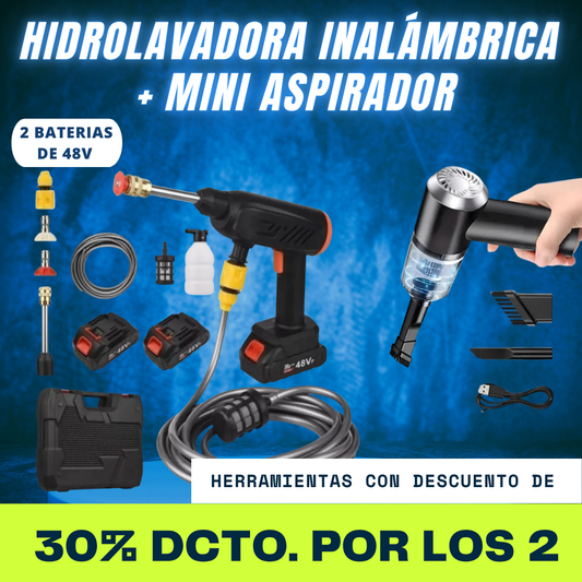 PACK 1 HIDROLAVADORA CON 2 BATERIAS 48V🎁 + 1 MINI ASPIRADOR CON ACCESORIOS